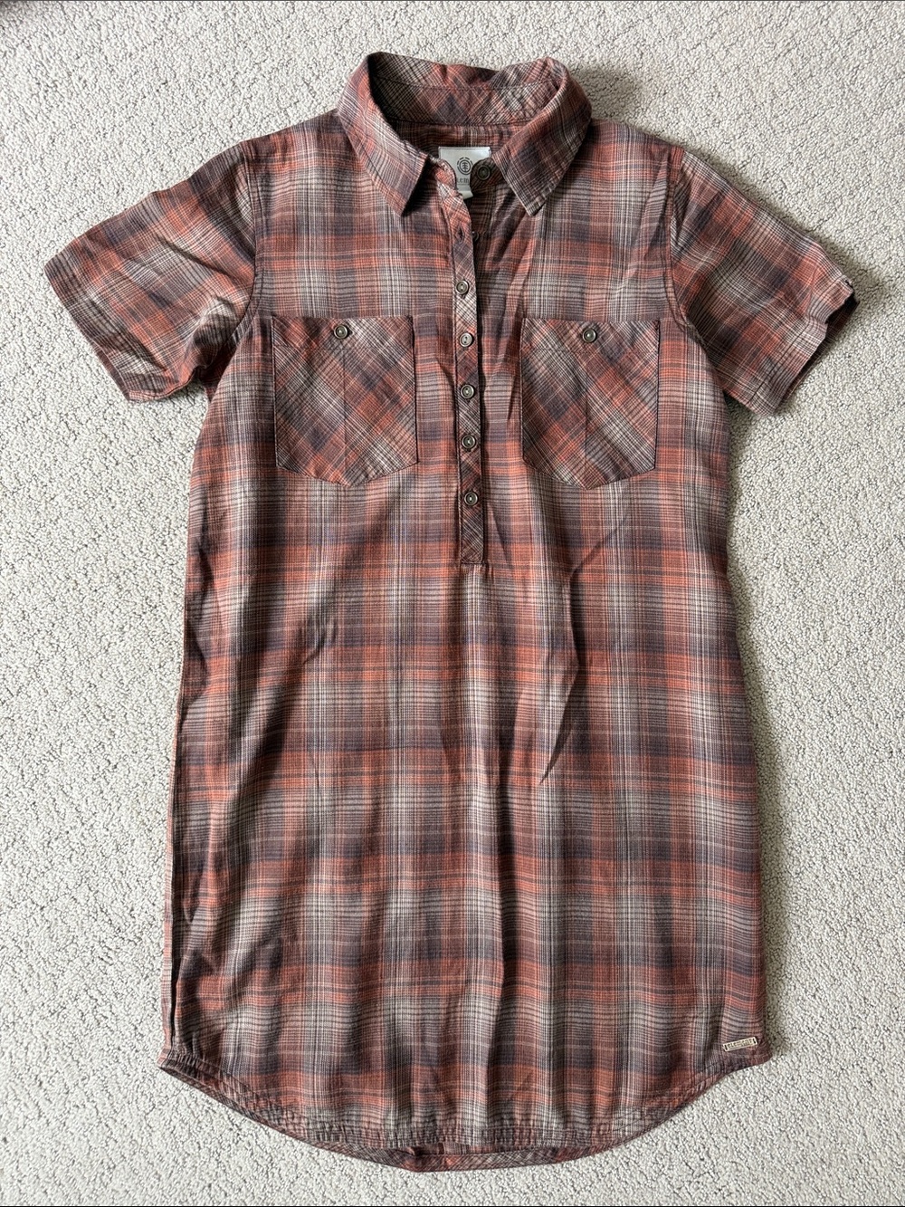 Element Plaid Short-Sleeve Button-Down Dress in Brown Plaid